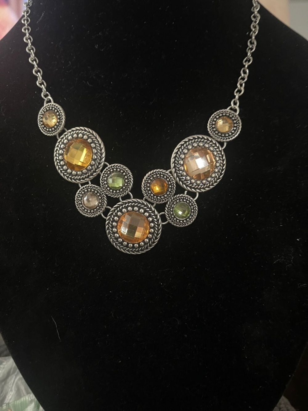Multi-Stone Antique Silver Statement Necklace with Amber and Olive Accents